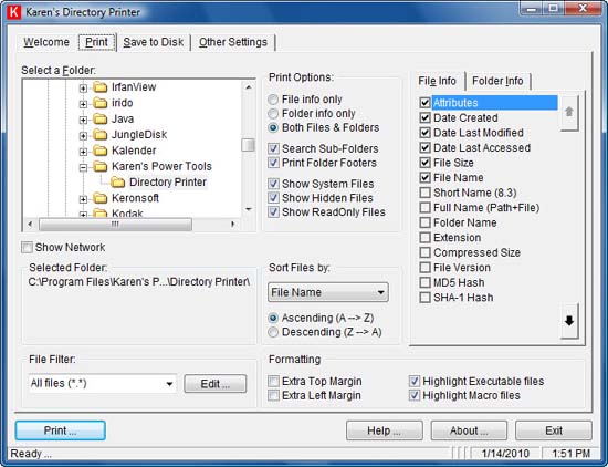 Karen's Directory Printer printing software